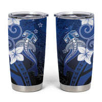 Polynesia Hammerhead Shark Tumbler Cup Blue Tribal Pattern With Plumeria - Polynesian Pride