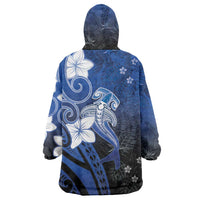 Polynesia Hammerhead Shark Wearable Blanket Hoodie Blue Tribal Pattern With Plumeria - Polynesian Pride