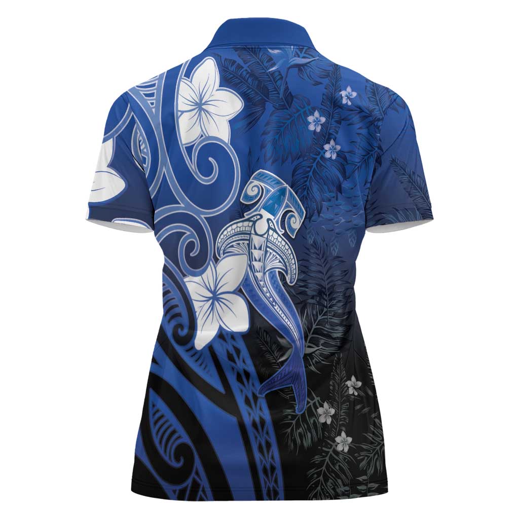 Polynesia Hammerhead Shark Women Polo Shirt Blue Tribal Pattern With Plumeria - Polynesian Pride