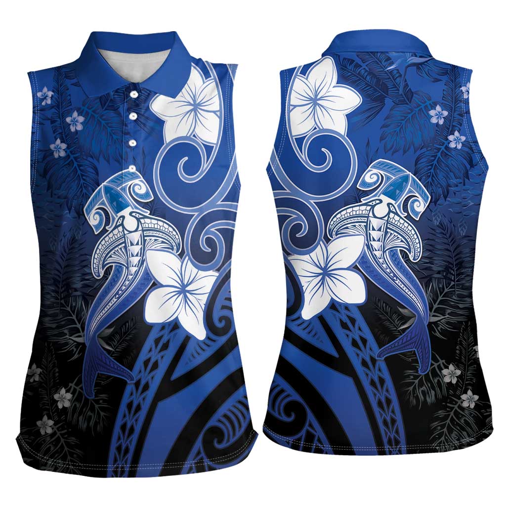 Polynesia Hammerhead Shark Women Sleeveless Polo Shirt Blue Tribal Pattern With Plumeria - Polynesian Pride