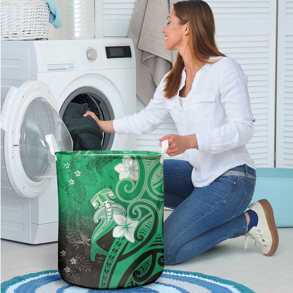Polynesia Hammerhead Shark Laundry Basket Green Tribal Pattern With Plumeria - Polynesian Pride