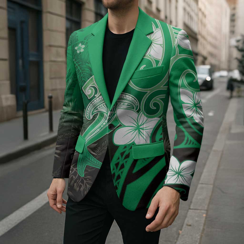 Polynesia Hammerhead Shark Blazer Green Tribal Pattern With Plumeria - Polynesian Pride