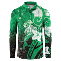 Polynesia Hammerhead Shark Button Sweatshirt Green Tribal Pattern With Plumeria - Polynesian Pride