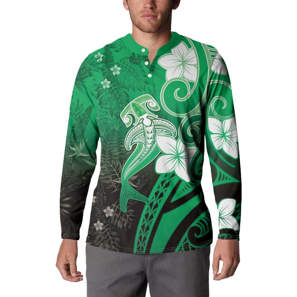 Polynesia Hammerhead Shark Button Sweatshirt Green Tribal Pattern With Plumeria - Polynesian Pride