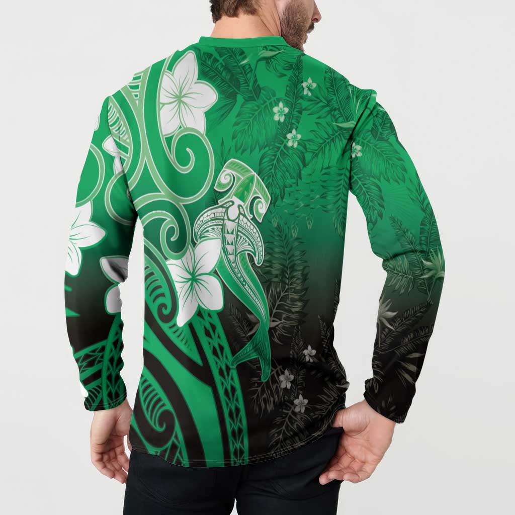 Polynesia Hammerhead Shark Button Sweatshirt Green Tribal Pattern With Plumeria - Polynesian Pride