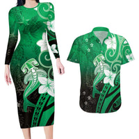 Polynesia Hammerhead Shark Couples Matching Long Sleeve Bodycon Dress and Hawaiian Shirt Green Tribal Pattern With Plumeria - Polynesian Pride