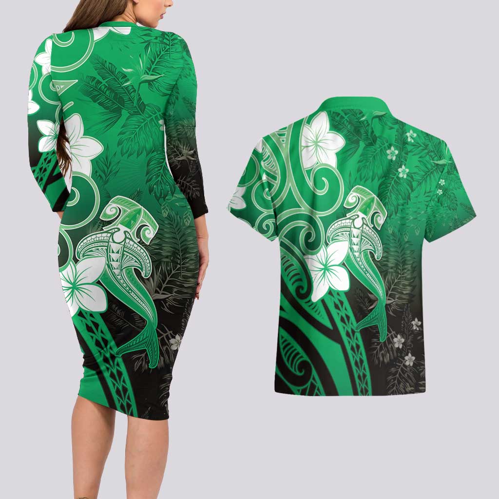 Polynesia Hammerhead Shark Couples Matching Long Sleeve Bodycon Dress and Hawaiian Shirt Green Tribal Pattern With Plumeria - Polynesian Pride