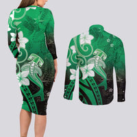 Polynesia Hammerhead Shark Couples Matching Long Sleeve Bodycon Dress and Long Sleeve Button Shirt Green Tribal Pattern With Plumeria - Polynesian Pride