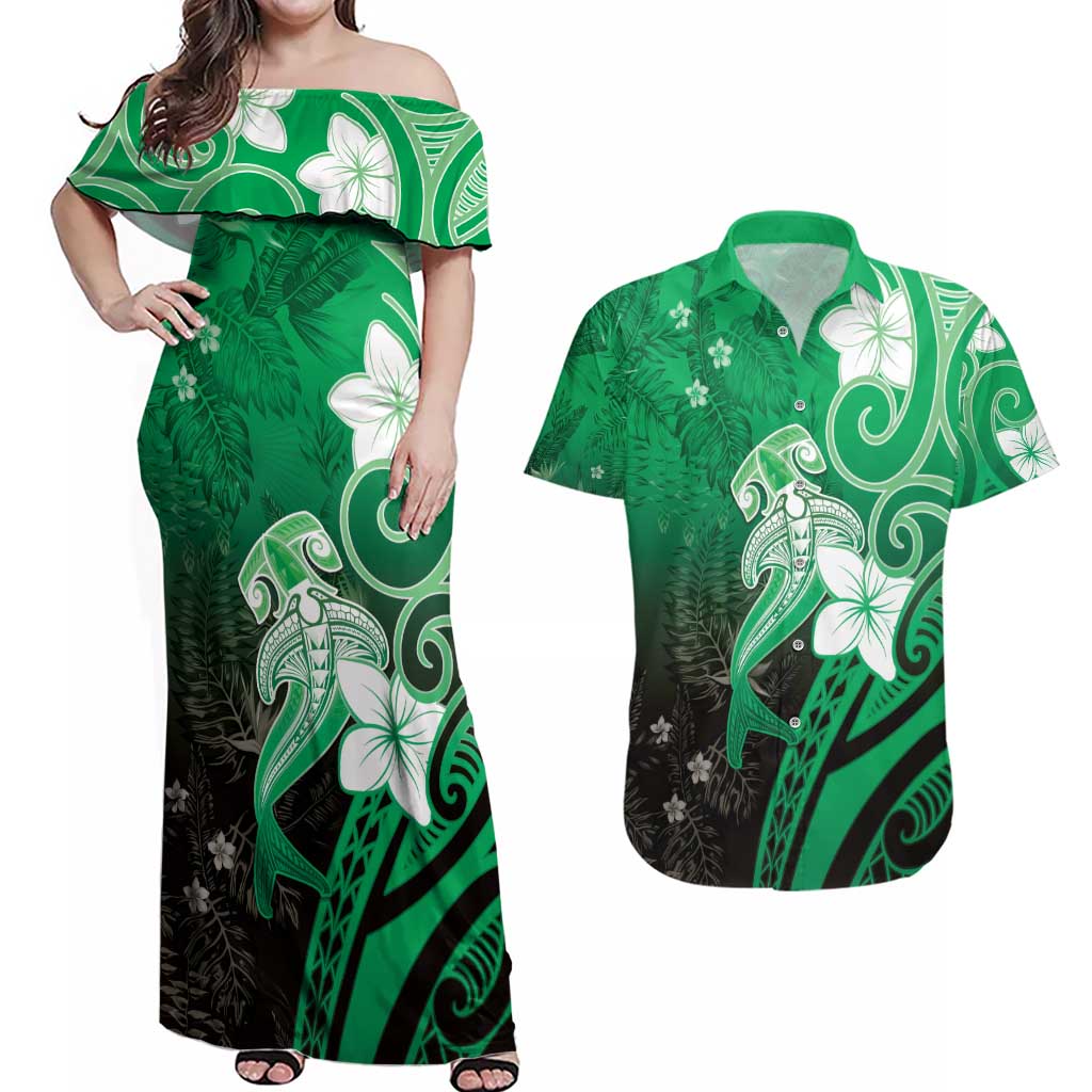 Polynesia Hammerhead Shark Couples Matching Off Shoulder Maxi Dress and Hawaiian Shirt Green Tribal Pattern With Plumeria - Polynesian Pride