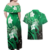 Polynesia Hammerhead Shark Couples Matching Off Shoulder Maxi Dress and Hawaiian Shirt Green Tribal Pattern With Plumeria - Polynesian Pride