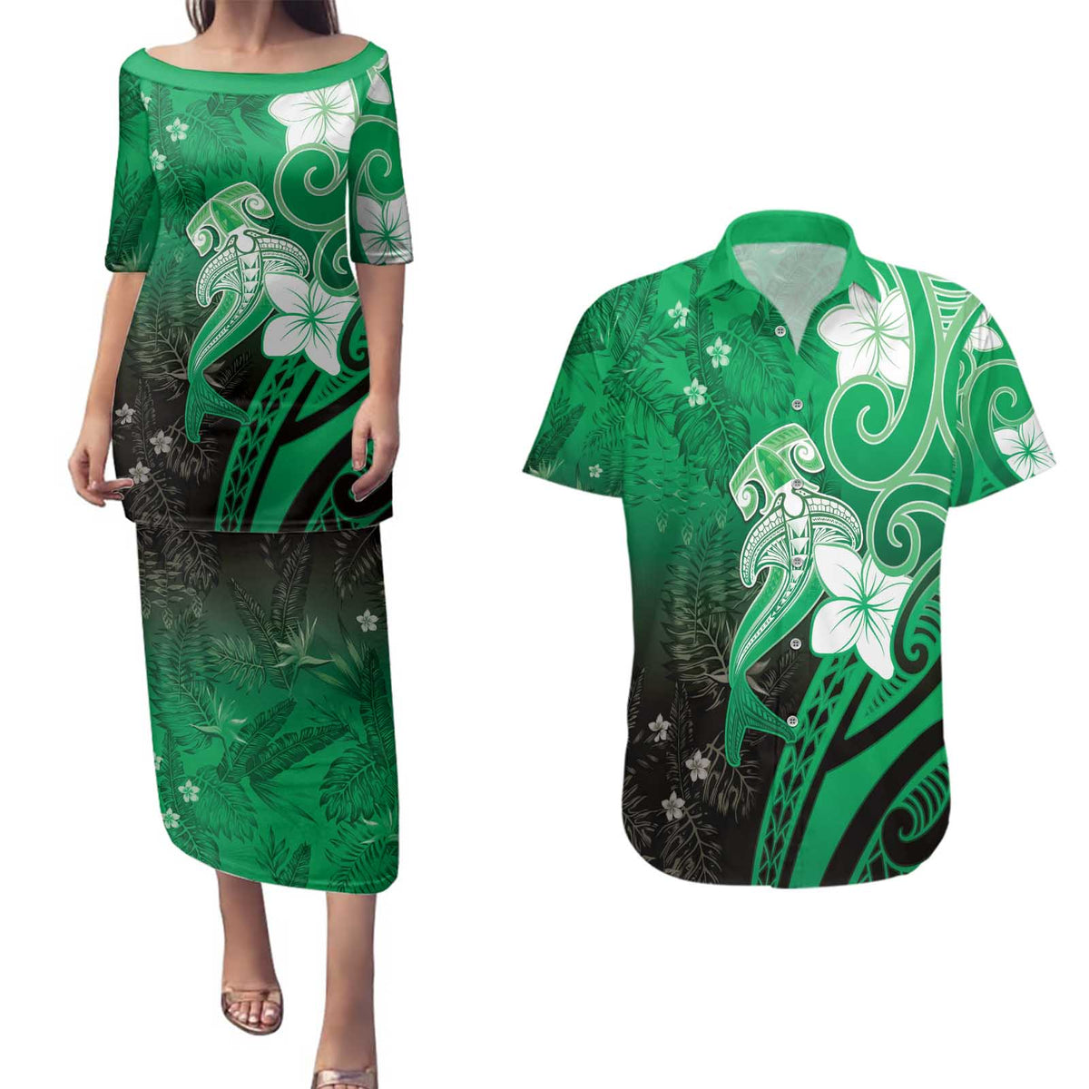 Polynesia Hammerhead Shark Couples Matching Puletasi and Hawaiian Shirt Green Tribal Pattern With Plumeria - Polynesian Pride