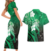 Polynesia Hammerhead Shark Couples Matching Short Sleeve Bodycon Dress and Hawaiian Shirt Green Tribal Pattern With Plumeria - Polynesian Pride
