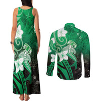 Polynesia Hammerhead Shark Couples Matching Tank Maxi Dress and Long Sleeve Button Shirt Green Tribal Pattern With Plumeria - Polynesian Pride