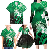 Polynesia Hammerhead Shark Family Matching Long Sleeve Bodycon Dress and Hawaiian Shirt Green Tribal Pattern With Plumeria LT05 - Polynesian Pride