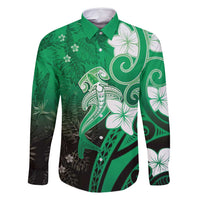 Polynesia Hammerhead Shark Family Matching Long Sleeve Bodycon Dress and Hawaiian Shirt Green Tribal Pattern With Plumeria LT05 Dad's Shirt - Long Sleeve Green - Polynesian Pride