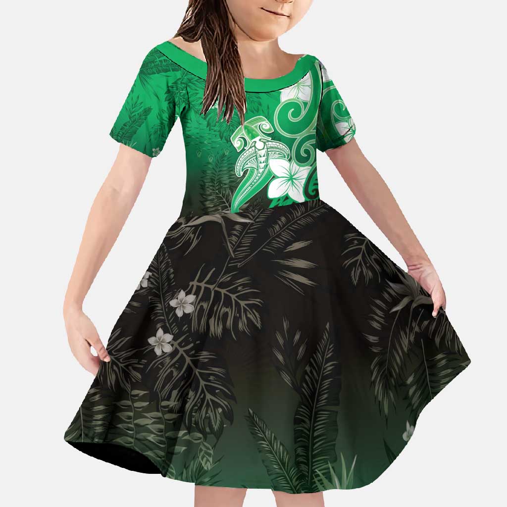 Polynesia Hammerhead Shark Family Matching Mermaid Dress and Hawaiian Shirt Green Tribal Pattern With Plumeria - Polynesian Pride