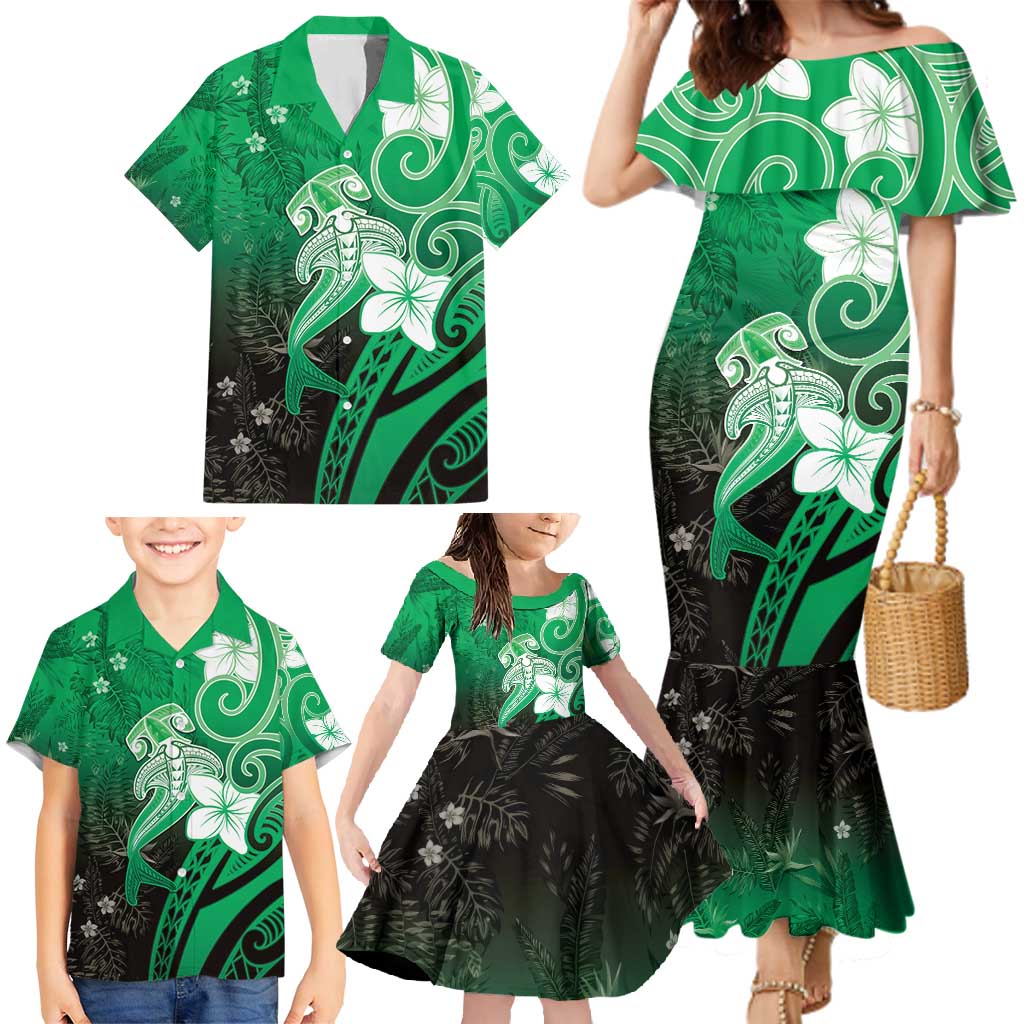 Polynesia Hammerhead Shark Family Matching Mermaid Dress and Hawaiian Shirt Green Tribal Pattern With Plumeria - Polynesian Pride