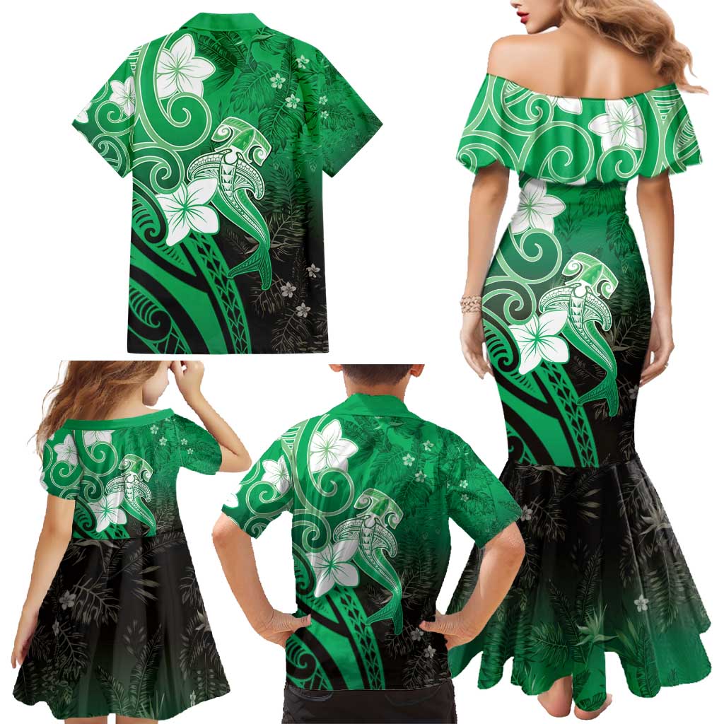 Polynesia Hammerhead Shark Family Matching Mermaid Dress and Hawaiian Shirt Green Tribal Pattern With Plumeria - Polynesian Pride