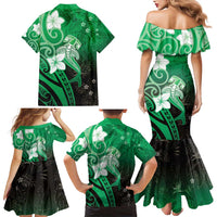 Polynesia Hammerhead Shark Family Matching Mermaid Dress and Hawaiian Shirt Green Tribal Pattern With Plumeria - Polynesian Pride