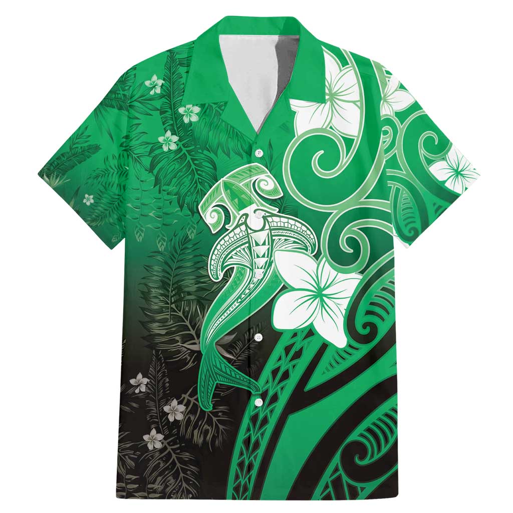 Polynesia Hammerhead Shark Family Matching Mermaid Dress and Hawaiian Shirt Green Tribal Pattern With Plumeria - Polynesian Pride