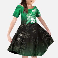 Polynesia Hammerhead Shark Family Matching Off The Shoulder Long Sleeve Dress and Hawaiian Shirt Green Tribal Pattern With Plumeria LT05 Daughter's Dress Green - Polynesian Pride