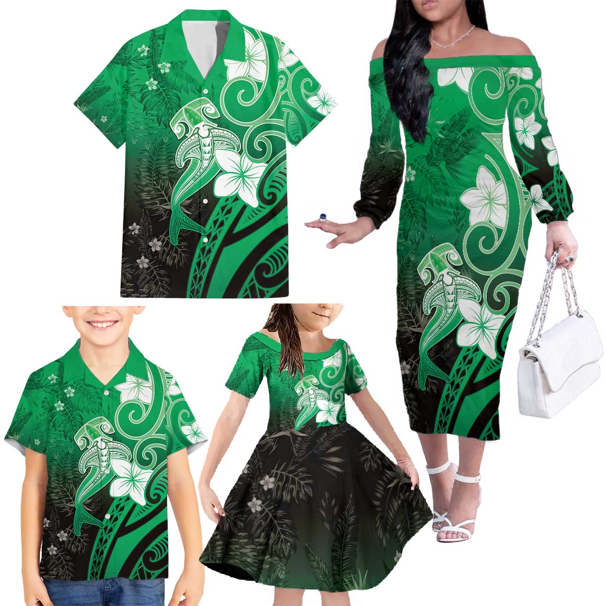 Polynesia Hammerhead Shark Family Matching Off The Shoulder Long Sleeve Dress and Hawaiian Shirt Green Tribal Pattern With Plumeria LT05 - Polynesian Pride