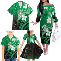 Polynesia Hammerhead Shark Family Matching Off The Shoulder Long Sleeve Dress and Hawaiian Shirt Green Tribal Pattern With Plumeria LT05 - Polynesian Pride