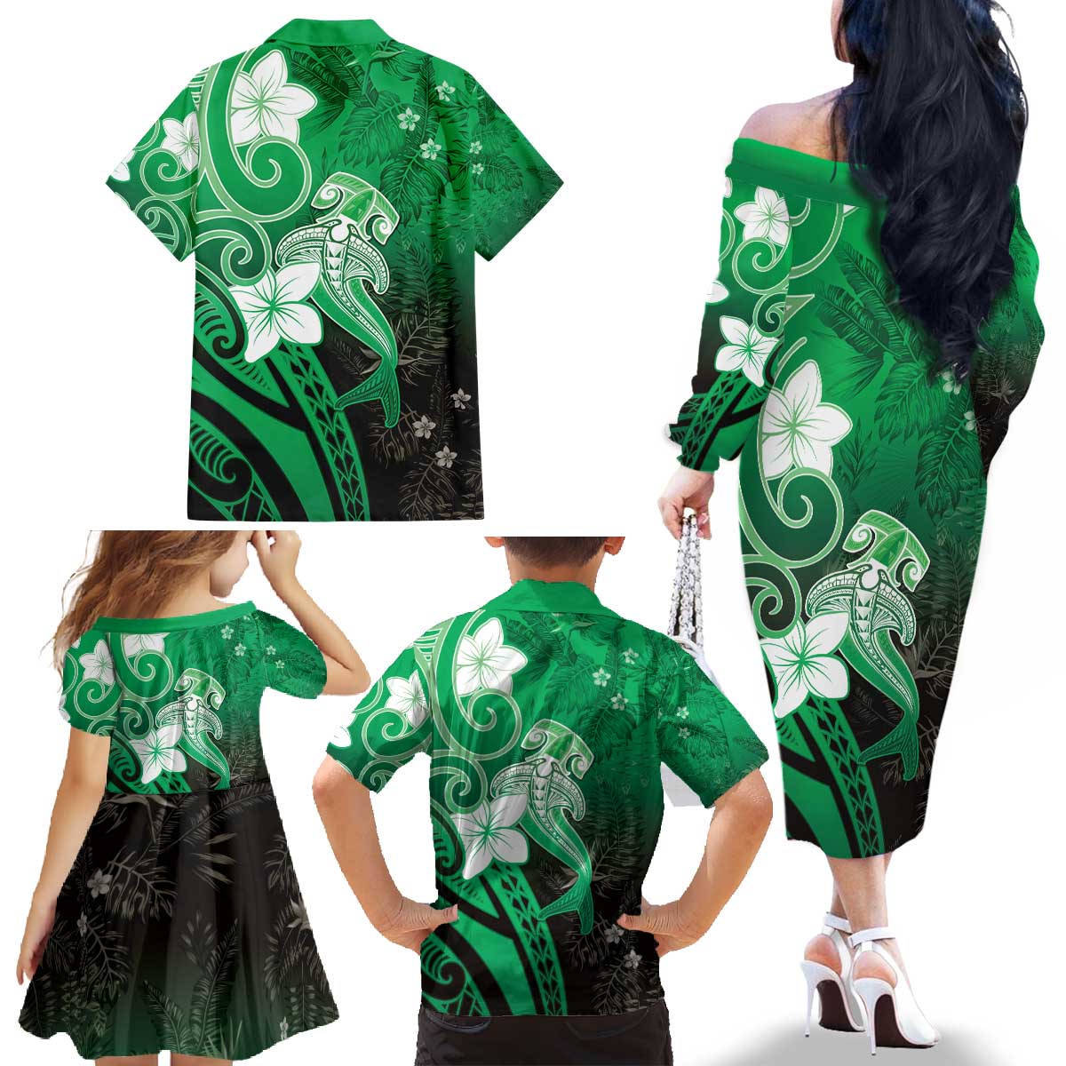 Polynesia Hammerhead Shark Family Matching Off The Shoulder Long Sleeve Dress and Hawaiian Shirt Green Tribal Pattern With Plumeria LT05 - Polynesian Pride
