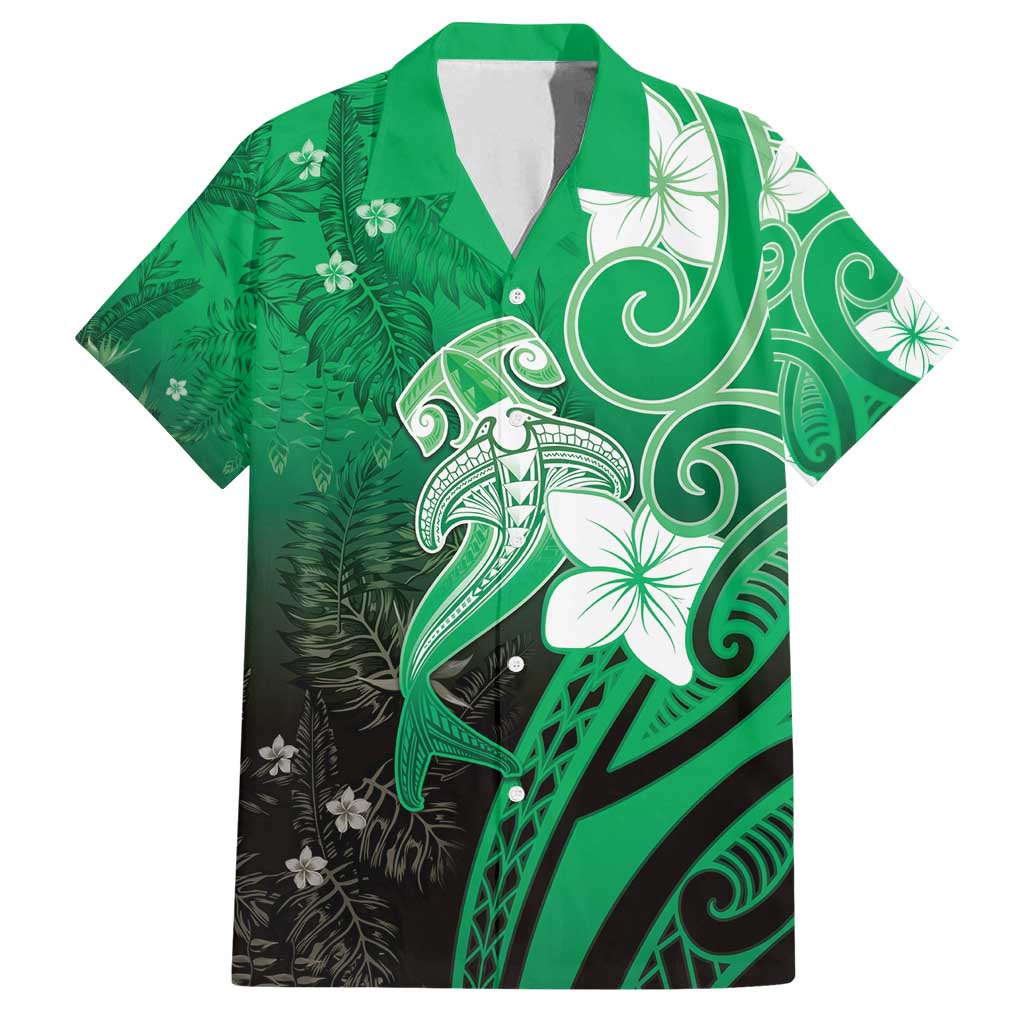 Polynesia Hammerhead Shark Family Matching Off Shoulder Short Dress and Hawaiian Shirt Green Tribal Pattern With Plumeria - Polynesian Pride
