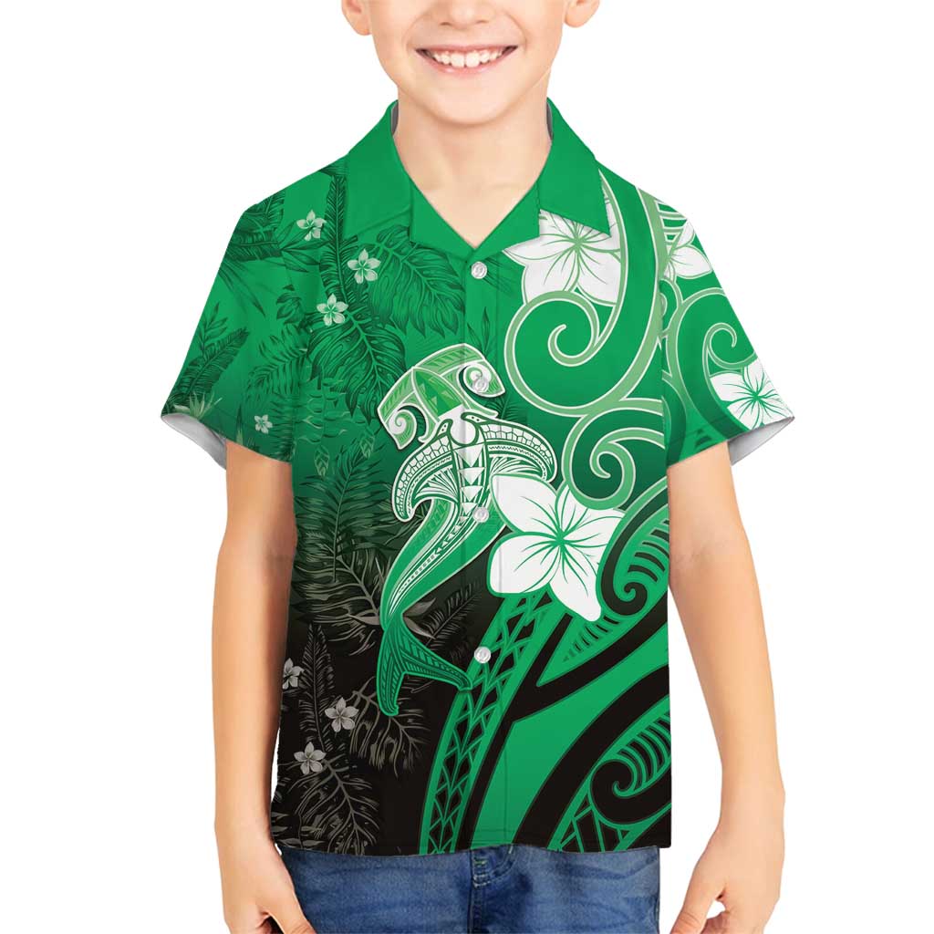 Polynesia Hammerhead Shark Family Matching Off Shoulder Short Dress and Hawaiian Shirt Green Tribal Pattern With Plumeria - Polynesian Pride
