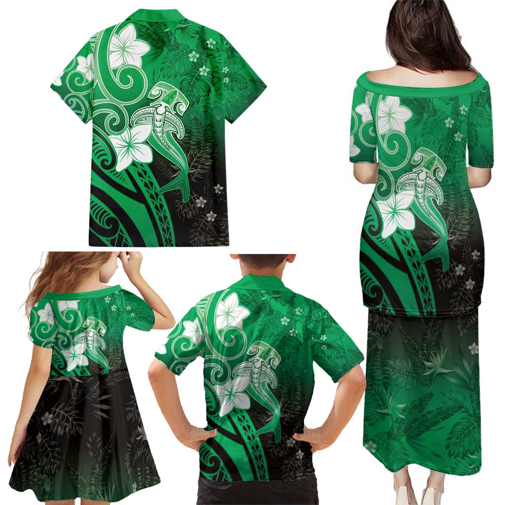 Polynesia Hammerhead Shark Family Matching Puletasi and Hawaiian Shirt Green Tribal Pattern With Plumeria - Polynesian Pride