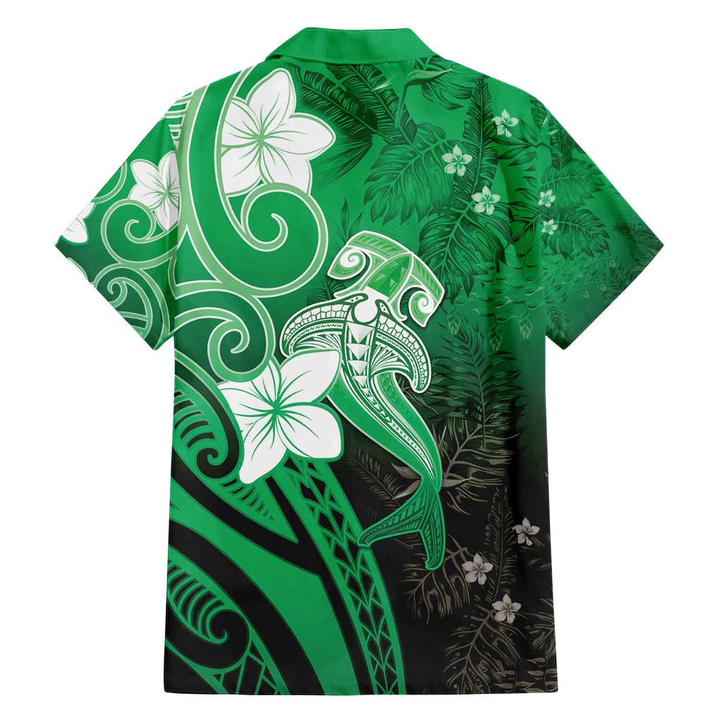 Polynesia Hammerhead Shark Family Matching Puletasi and Hawaiian Shirt Green Tribal Pattern With Plumeria - Polynesian Pride