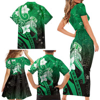 Polynesia Hammerhead Shark Family Matching Short Sleeve Bodycon Dress and Hawaiian Shirt Green Tribal Pattern With Plumeria LT05 - Polynesian Pride