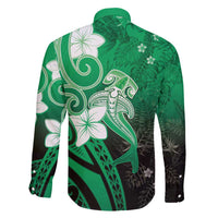 Polynesia Hammerhead Shark Family Matching Summer Maxi Dress and Hawaiian Shirt Green Tribal Pattern With Plumeria - Polynesian Pride