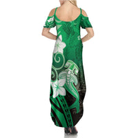 Polynesia Hammerhead Shark Family Matching Summer Maxi Dress and Hawaiian Shirt Green Tribal Pattern With Plumeria - Polynesian Pride