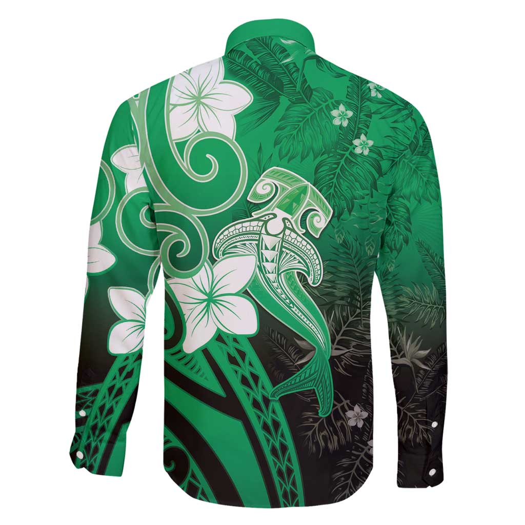 Polynesia Hammerhead Shark Family Matching Tank Maxi Dress and Hawaiian Shirt Green Tribal Pattern With Plumeria - Polynesian Pride