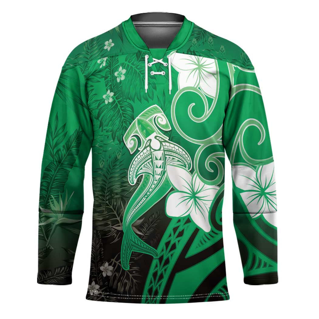 Polynesia Hammerhead Shark Hockey Jersey Green Tribal Pattern With Plumeria - Polynesian Pride