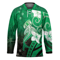 Polynesia Hammerhead Shark Hockey Jersey Green Tribal Pattern With Plumeria - Polynesian Pride