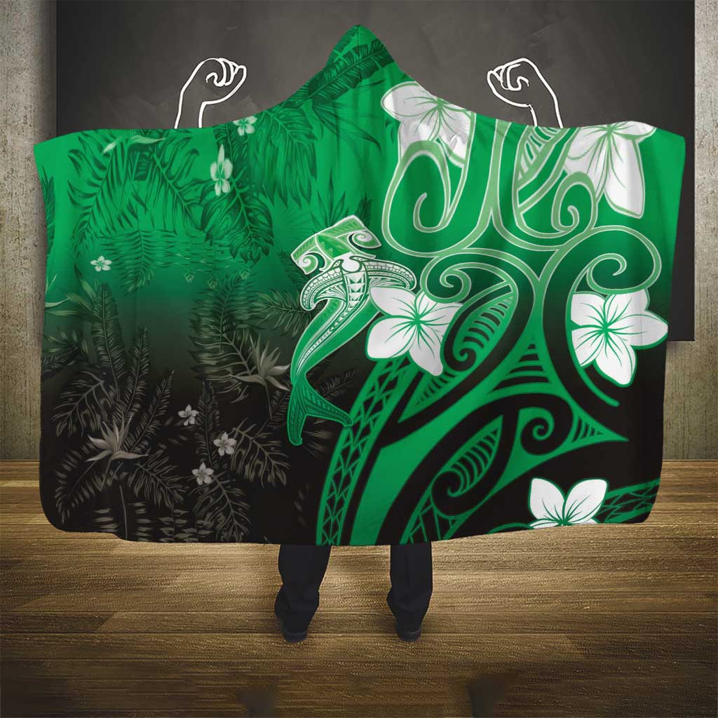 Polynesia Hammerhead Shark Hooded Blanket Green Tribal Pattern With Plumeria - Polynesian Pride