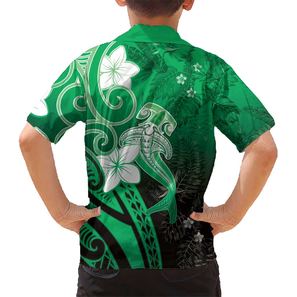 Polynesia Hammerhead Shark Kid Hawaiian Shirt Green Tribal Pattern With Plumeria - Polynesian Pride
