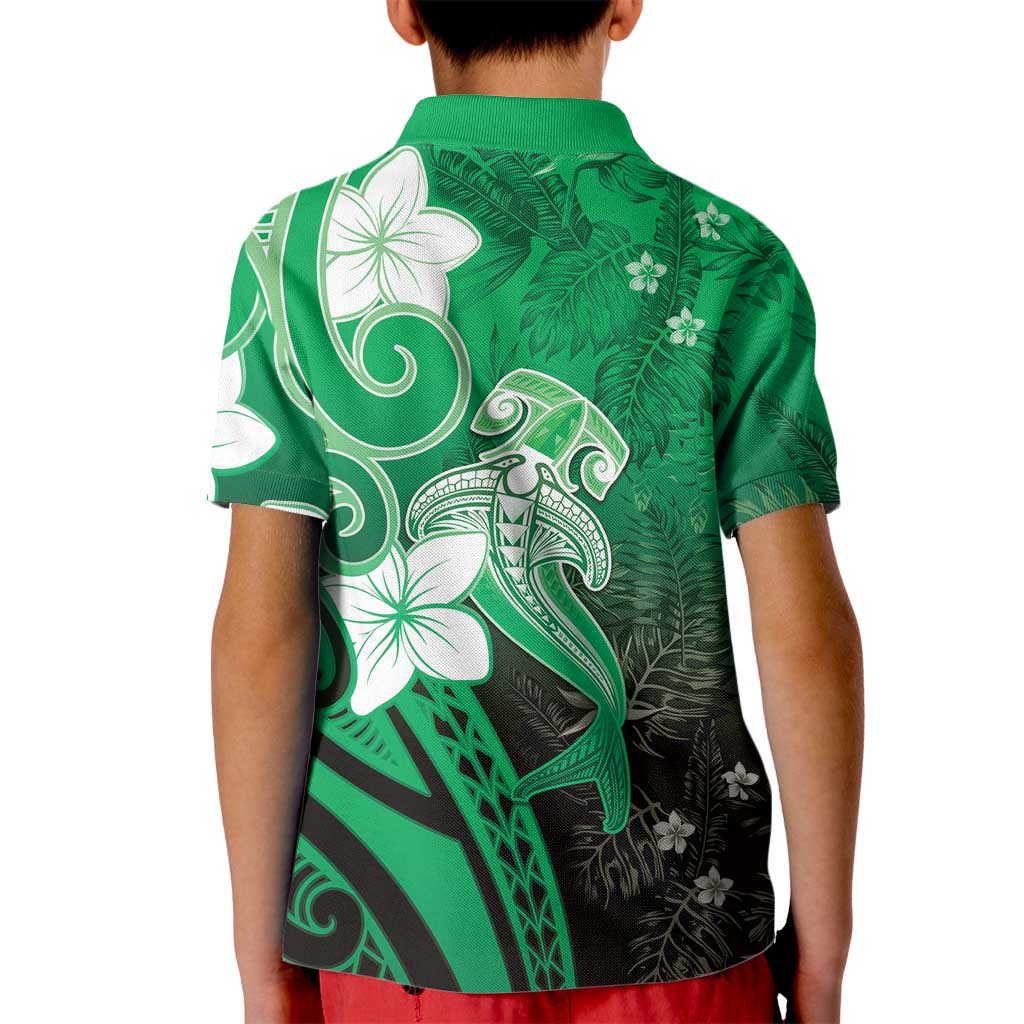 Polynesia Hammerhead Shark Kid Polo Shirt Green Tribal Pattern With Plumeria - Polynesian Pride