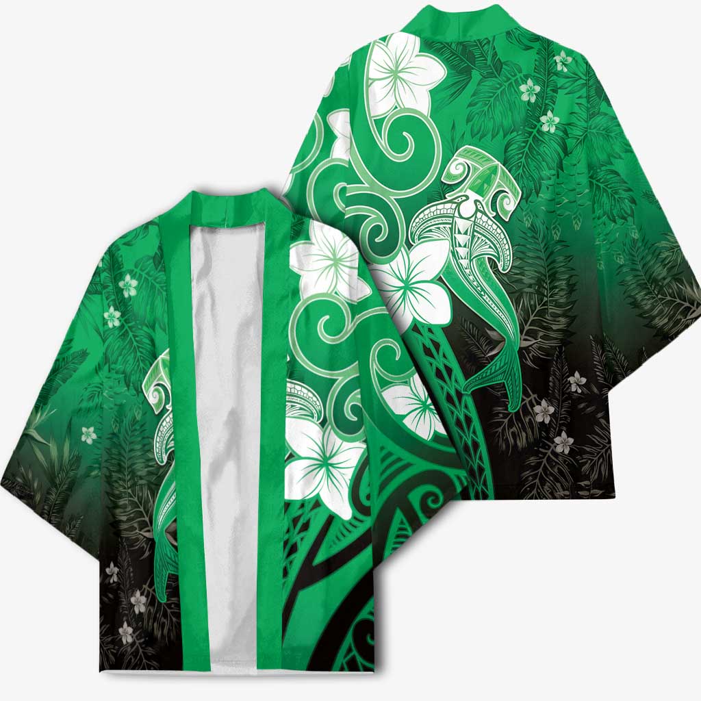 Polynesia Hammerhead Shark Kimono Green Tribal Pattern With Plumeria - Polynesian Pride