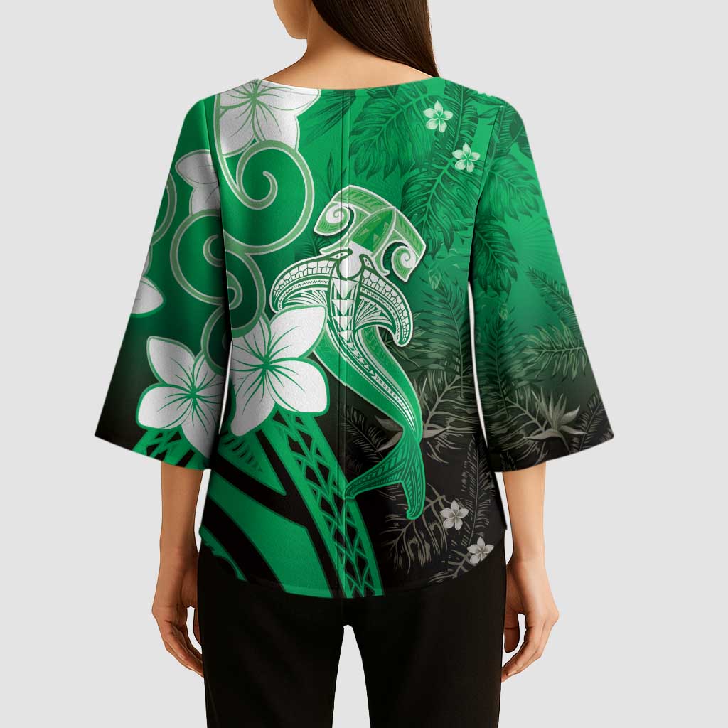 Polynesia Hammerhead Shark Kimono Sleeve Blouse Green Tribal Pattern With Plumeria - Polynesian Pride