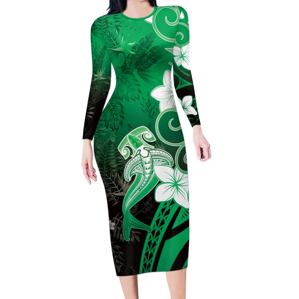 Polynesia Hammerhead Shark Long Sleeve Bodycon Dress Green Tribal Pattern With Plumeria - Polynesian Pride