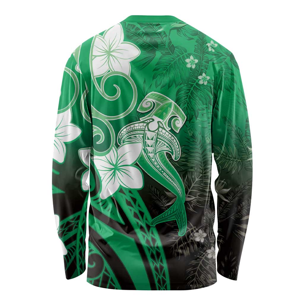Polynesia Hammerhead Shark Long Sleeve Shirt Green Tribal Pattern With Plumeria - Polynesian Pride