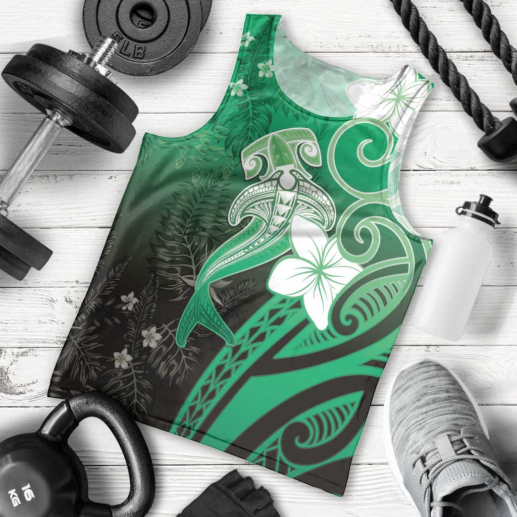 Polynesia Hammerhead Shark Men Tank Top Green Tribal Pattern With Plumeria - Polynesian Pride