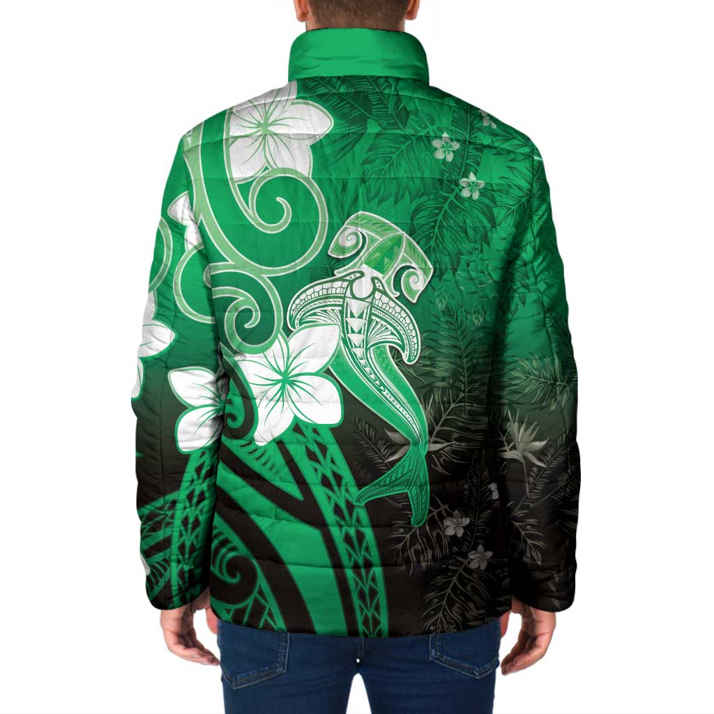 Polynesia Hammerhead Shark Padded Jacket Green Tribal Pattern With Plumeria - Polynesian Pride