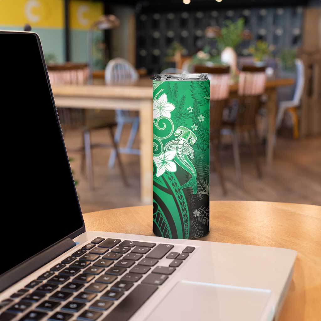 Polynesia Hammerhead Shark Skinny Tumbler Green Tribal Pattern With Plumeria - Polynesian Pride
