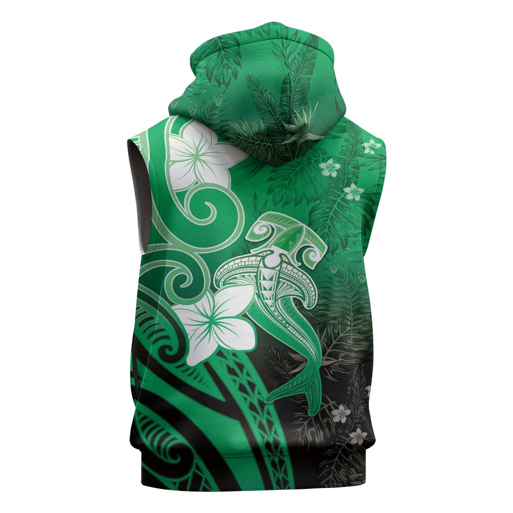 Polynesia Hammerhead Shark Sleeveless Hoodie Green Tribal Pattern With Plumeria - Polynesian Pride