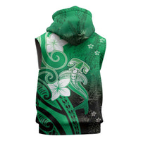Polynesia Hammerhead Shark Sleeveless Hoodie Green Tribal Pattern With Plumeria - Polynesian Pride